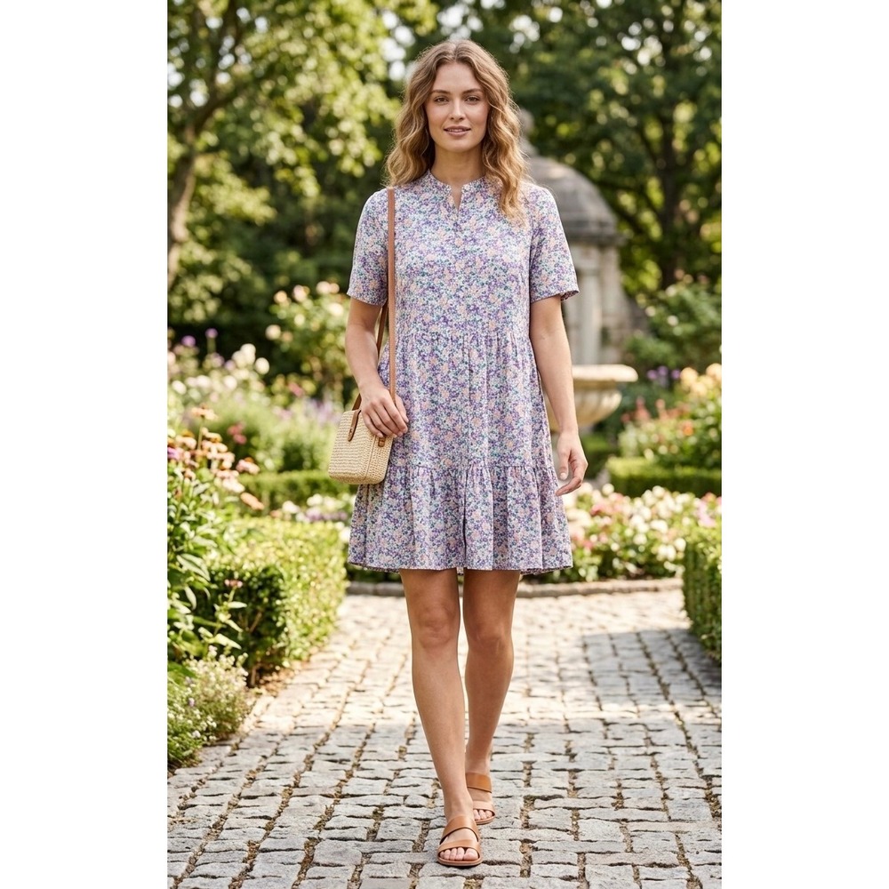 Pigalle Floral Tiered Mini Dress Size S Purple Ditsy‎ Print Viscose Babydoll